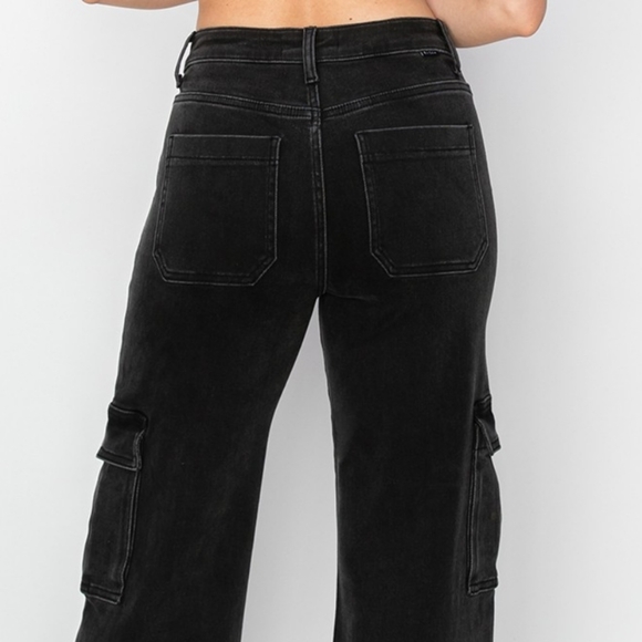 RISEN Cargo High-Rise Waist Boyfriend Denim Relaxed Wide Leg Utility Jean Pants - Picture 5 of 14